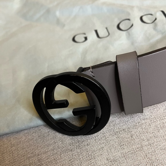 GUCCI BELT Grey Leather with Matte Black Interlocking G - Picture 3 of 7